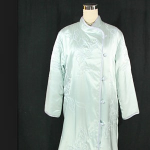 Vintage Natori Satin Floral Embroidered Full Length Winter Robe Lounge Blue M 1980s