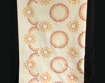 Vintage Red Orange Sunflower Floral Embroidered Quilted Bedspread 1970s 80 x 91"