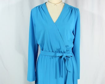 Vintage Rainbow of California Mary Martin Blue Aqua Belted Blouson Wrap Dress with Sash Medium 1970s