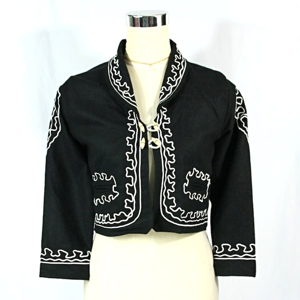 Vintage Y2K Galeria del Disfraz Cropped Wool Jacket Bolero Blazer with White Swirl Piping Black Sm