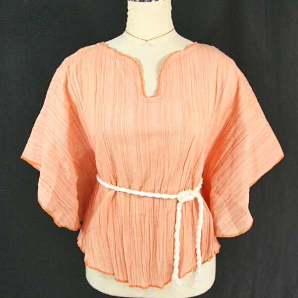 Vintage 1970s Crinkle Crepe Poncho Top Cape Shawl with Twist Rope Belt Peach Coral Belted Boho Bohemian Hippie