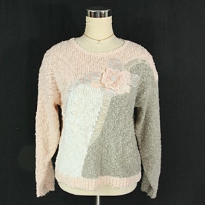 Vintage Colleens Collectables Beaded Floral Lace Applique Sweater Pastel Peach M 1980s