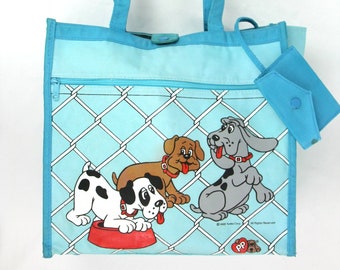 Vintage Pound Puppies Spindex Tonka Canvas Double Handle Tote Handbag Pocketbook Blue 1980s