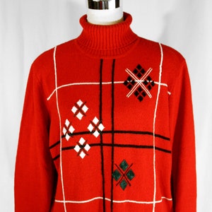 Vintage Tanjay Red Black & White Harlequin Embroidered Turtleneck Sweater - Large