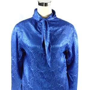 Vintage 1980s Satin Floral 1-Button High Neck Bow Blouse Top Blue Bittersweet - Medium