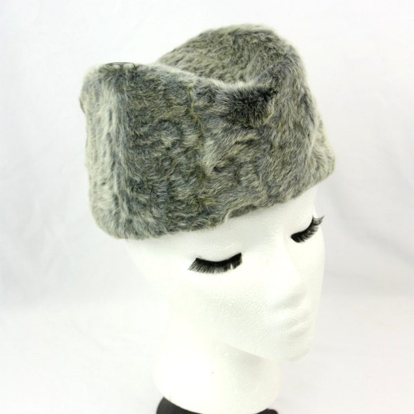 Vintage Faux Curly Lamb Fur Pillbox Papakha Cossak Winter Hat Gray 1940s MCM