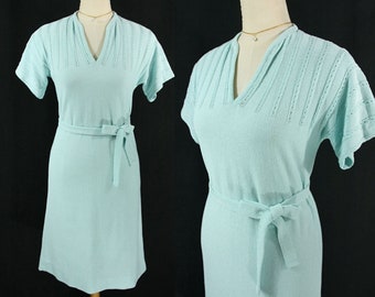Vintage Minna Lee Light Blue Sweater Knit Short Sleeve Sheath Dress with Shash - Med
