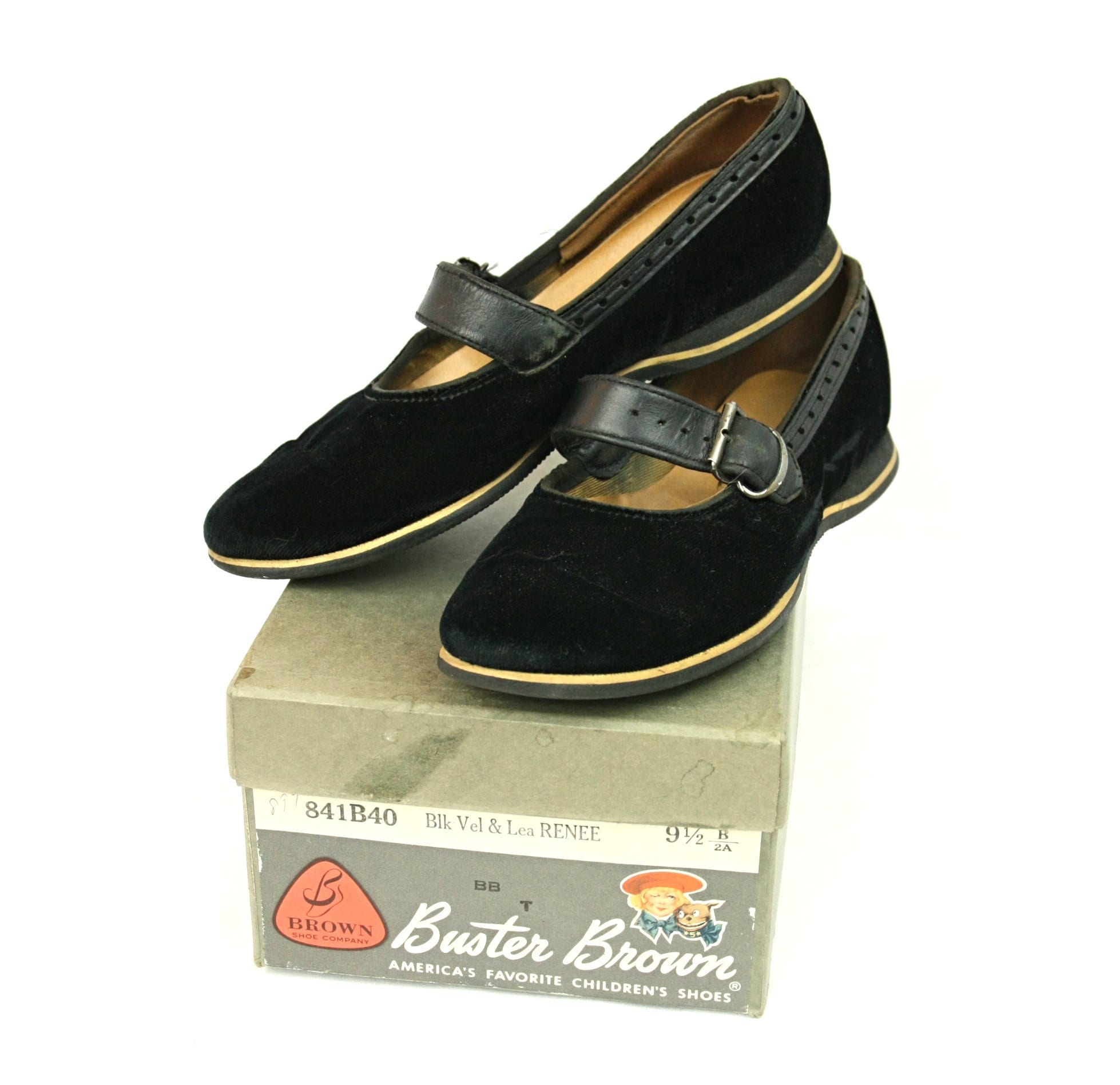 Vintage Buster Brown Black Velvet Girls Mary Jane Shoes Slip Ons