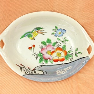 Vintage Made in Japan Lusterware Hand Painted China Oval Candy Dish Nut Bowl Floral Birds