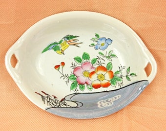 Vintage Made in Japan Lusterware Hand Painted China Oval Candy Dish Nut Bowl Floral Birds