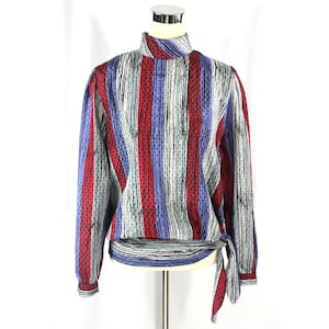 Vintage 1980s Peepers London High Neck Back Button Tie Waist Blouse Stripes - Medium
