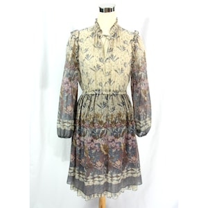 Vintage Sheer Floral Keyhole Neckline Ruffles Boho Long Sleeve Midi Knee Length Dress Small 1970s
