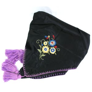 Vintage Floral Cross Stitch Embroidered with Tassels Bridge Game Small Tablecloth Square Black Purple 1940s