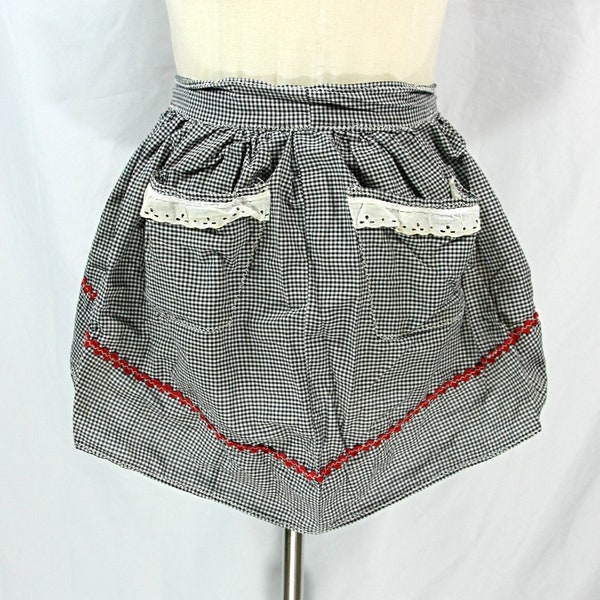 Vintage Gingham Plaid Kitchen Tie Back Half Apron with Lace Trim Pockets Black and Red Rick Rack