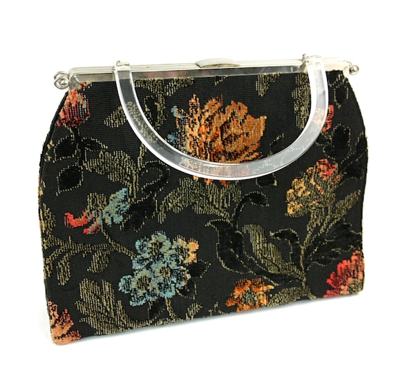 Vintage Lucite Handle Floral Tapestry Carpet Bag … - image 1