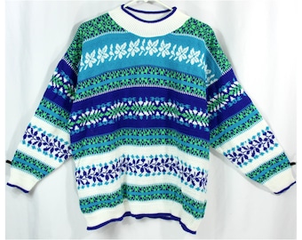 Vintage Arielle Colorful Fair Isle Stripe Graphic Winter Ski Sweater Blue 1980s L Unisex