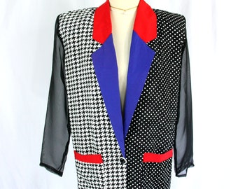 Vintage California Concepts Hahnentritt Polka Dot Funky Jacke Blazer mit transparenten Ärmeln Sm Med 1980er Jahre