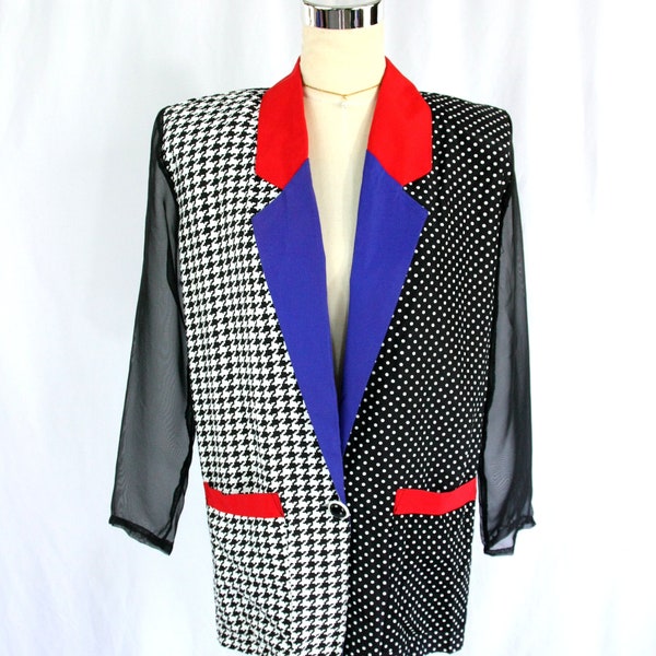 Vintage California Concepts Houndstooth Polka Dot Funky Jacket Blazer with Sheer Sleeves Sm Med 1980s