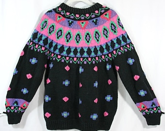 Vintage Nothern Isles Colorful Fair Isle Chunky Hand Knit Sweater Pink Black 1980s Medium