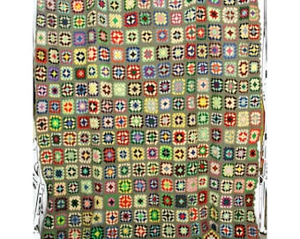 Vintage Granny Squares Knit Crocheted Blanket Sofa Throw Afghan 78" Colorful