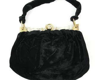Bolso de mano vintage de terciopelo negro con cierre tipo almeja y lucita, estilo formal, con asa superior y cierre superior, de noche, años 50