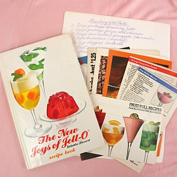 Vintage 1975 The New Joys of Jello Recipes Hardback Cookbook Book with Magazine Clippings Gelatin Entertaining Desserts