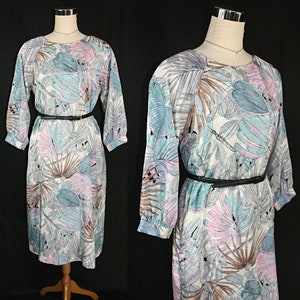 Vintage Polynesian Casuals Pastel Tropical Floral Satin Blouson Dress 1980&#39;s - Med Lg