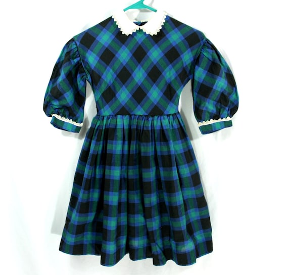 green plaid dress with white collar Green Plaid Wool Swing Dress – Vintage Belted Midi Dress 5343 Green / XL main image 1
