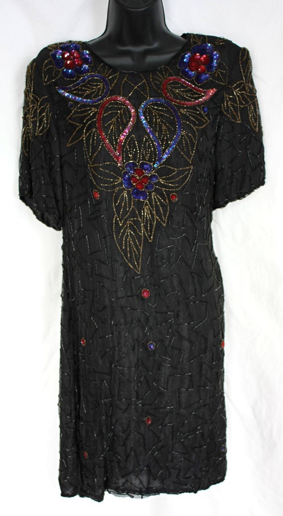 Vintage Thums Up Sequin and Beaded Dress Black wit