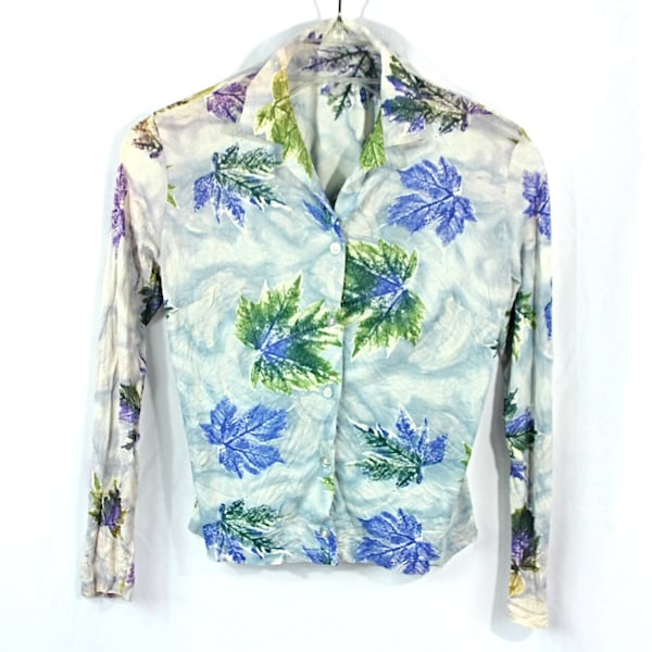 Vintage Leaf Nature Print Button Down Collared Secretary Career Blouse Blue Green Small 1960s