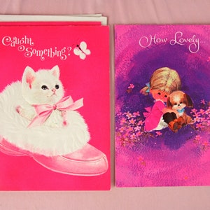 Vintage Gibson Get Well Cards Set of 3 with Envelopes UNUSED Pink Kitten in Slipper Girl and Puppy