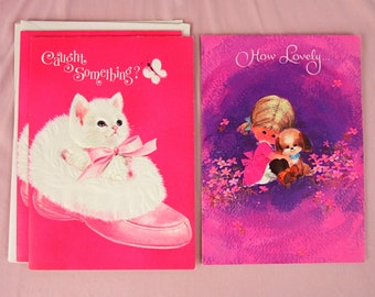 Vintage Gibson Get Well Cards Set of 3 with Envelopes UNUSED Pink Kitten in Slipper Girl and Puppy