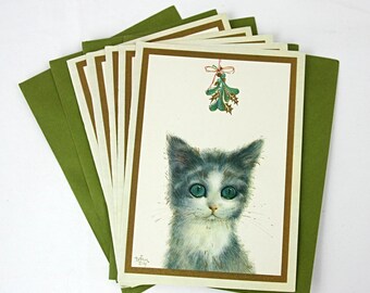 Vintage Brian Day Mistletoe Cat Kitten Time for Christmas Cards with Envelopes Set UNUSED