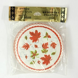 Vintage Deadstock Gibson Fall Autumn Leaves Round Paper Drink Coasters 1960s MCM Sealed New