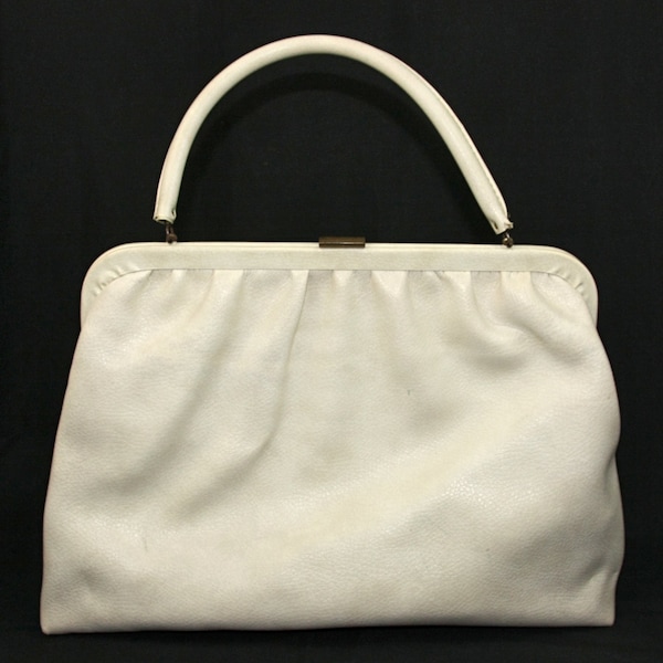 Vintage Verdi Faux Pebbled Leather Top Handle Large Handbag Purse Pocketbook Off White