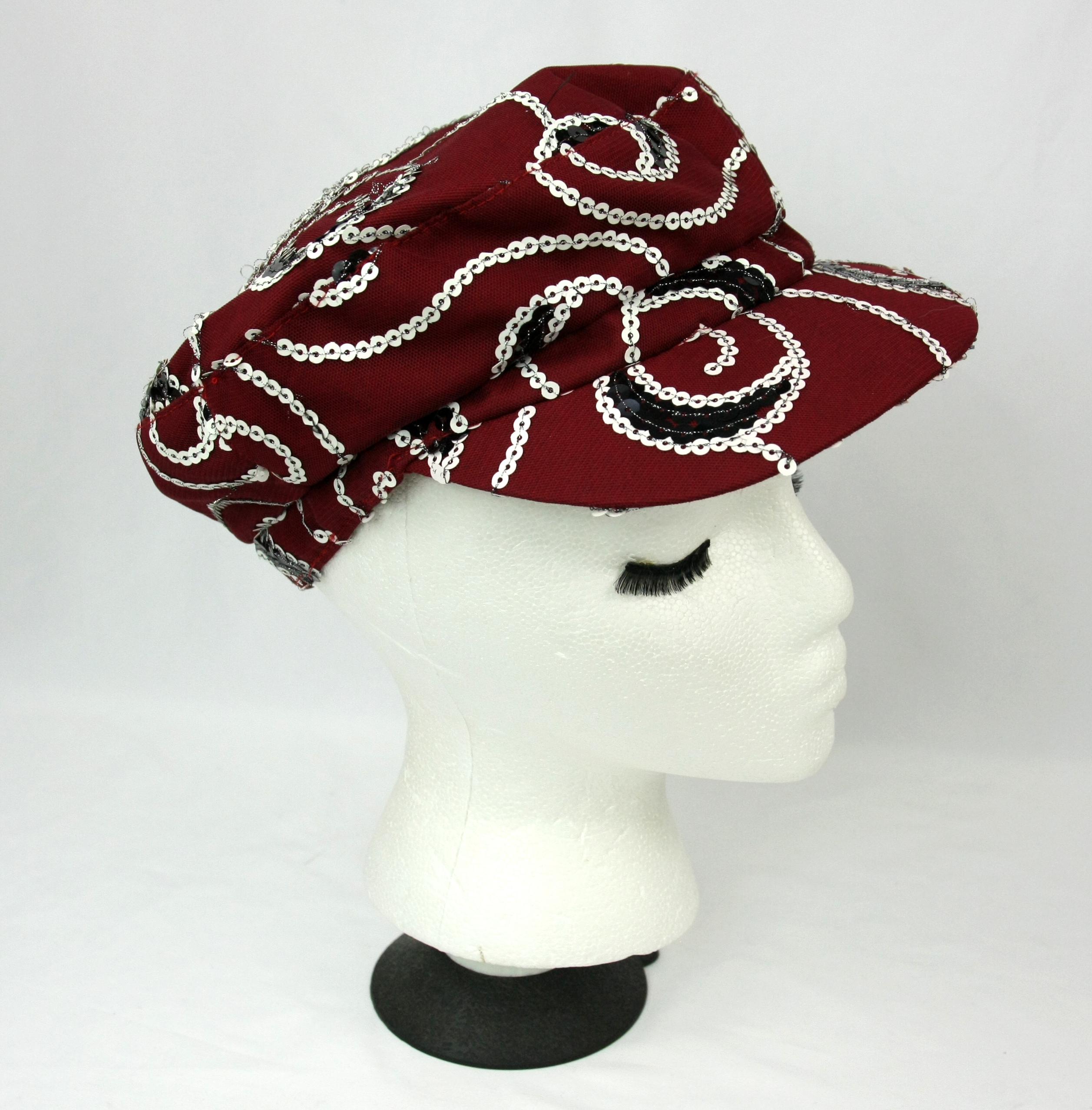 Vintage Sequin Swirl Soft Fabric Red Cabbie Newsboy Hat Cap  display picture 2