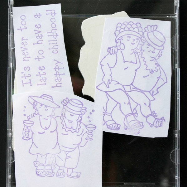 Fun Ladies Friends Cling Mounted Rubber Stamps in Case UNUSED - Set of 3, "It's never too late to have a happy childhood"