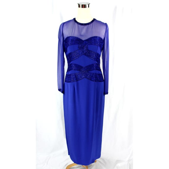Vintage Jovani Royal Blue Beaded Sheer Long Sleeve Maxi Dress Evening Gown S 1980s Vintage Jovani Royal Blue Beaded Sheer Long Sleeve Maxi Dress Evening Gown S 1980s