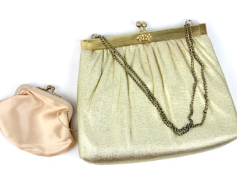 Vintage Harry Levine HL Metallic Gold Chain Strap Clam Shell Clutch Handbag with Coin Purse Small 1950s