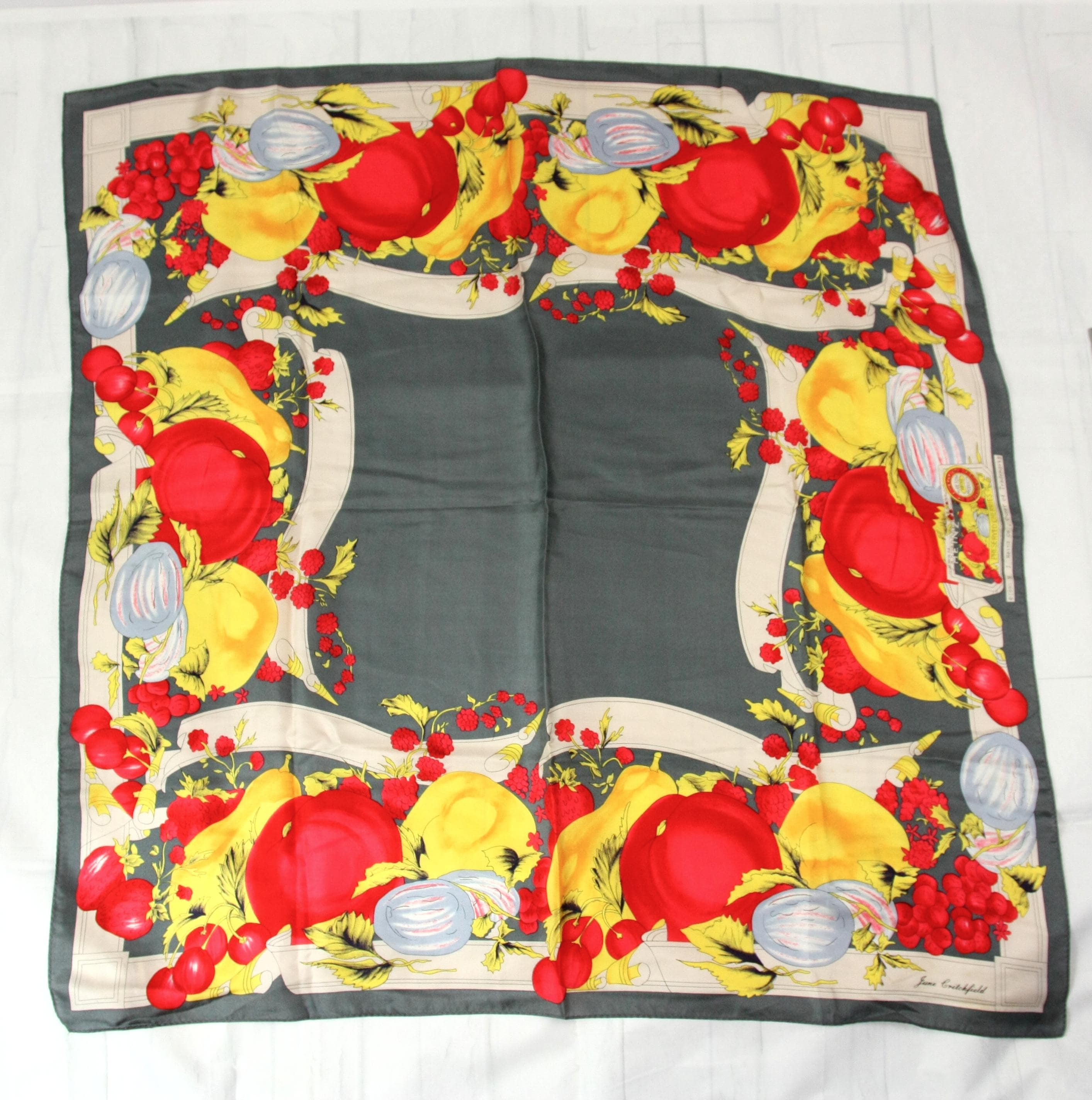 Vintage June Critchfield Heinz Fruit Print Silk Scarf Wrap Square
