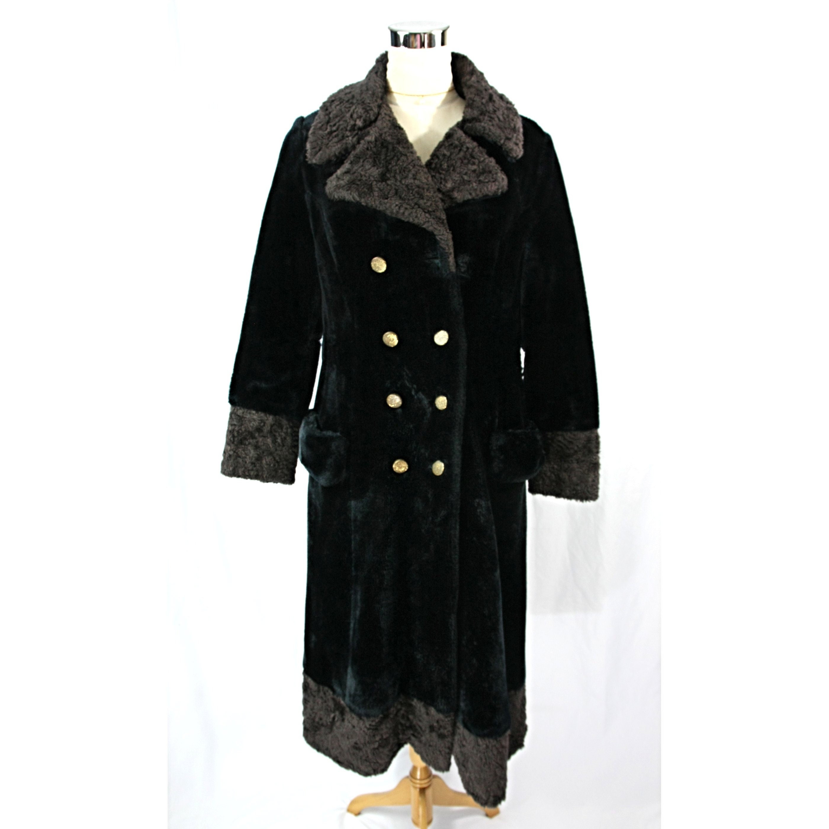 Vintage Borg Faux Fur Notched Collar Double Breasted Belted