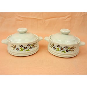 Vintage Heavenly Bake Serve n Store bloemenpatroon kleine aardewerk kom met deksel slowcooker set 5"