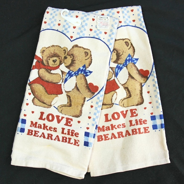 Vintage NEW Franco Love Makes Life Bearable Bears Hearts Kitchen Terry Tea Towel Dish Towel 1980s