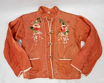 Vintage Childs Satin Floral Embroidered Silk Asian Top Blouse Jacket Mandarin  Collar Gold