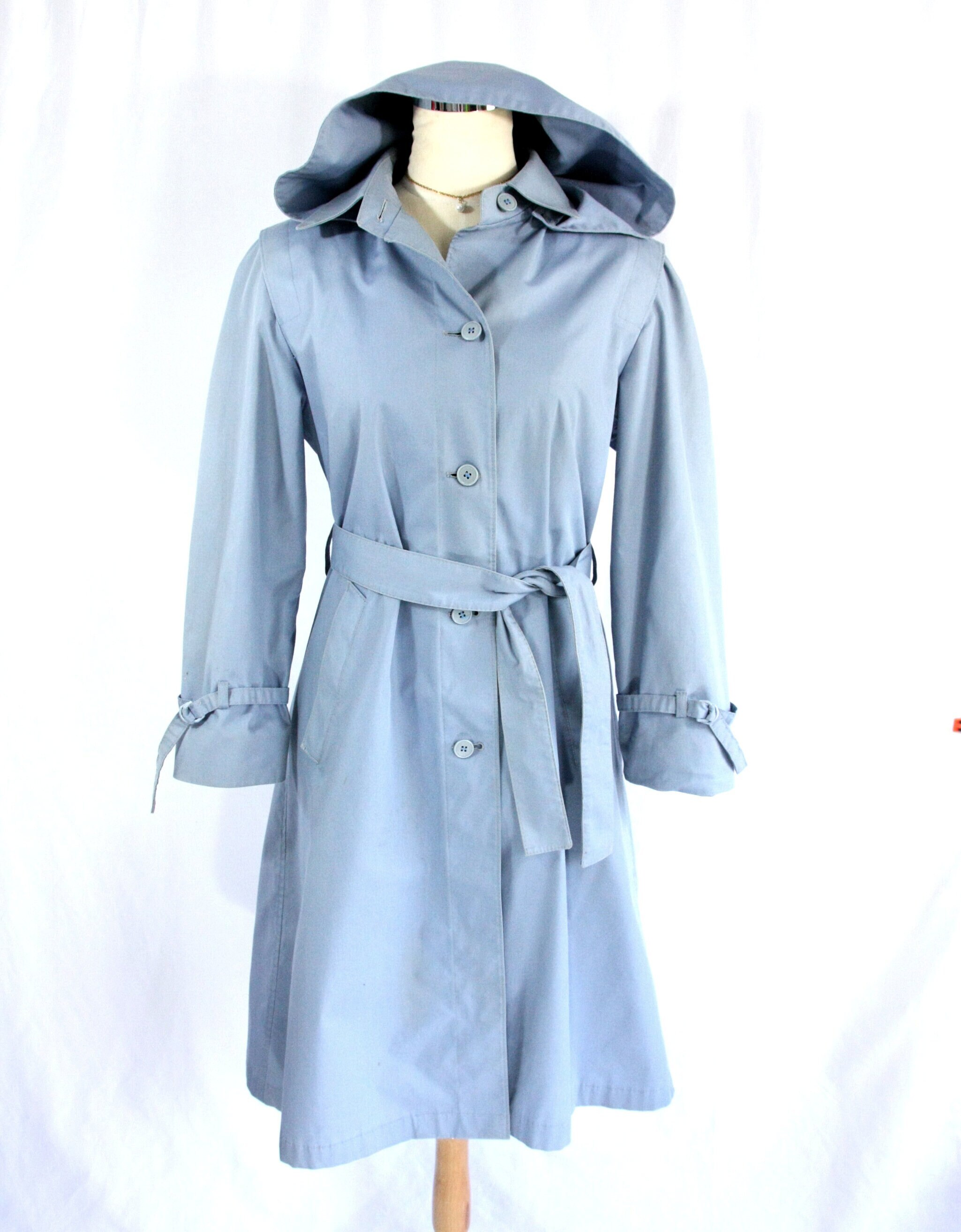 BadReputationBoutiq Vintage London Fog Maincoats Hooded Dress Trench Coat Belted Overcoat Blue S M 1970s