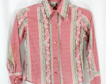 Vintage Mädchen Blumen Streifen Gestreifte Langarm-Taste Hemd Bluse Top Rosa 7 1970er Jahre