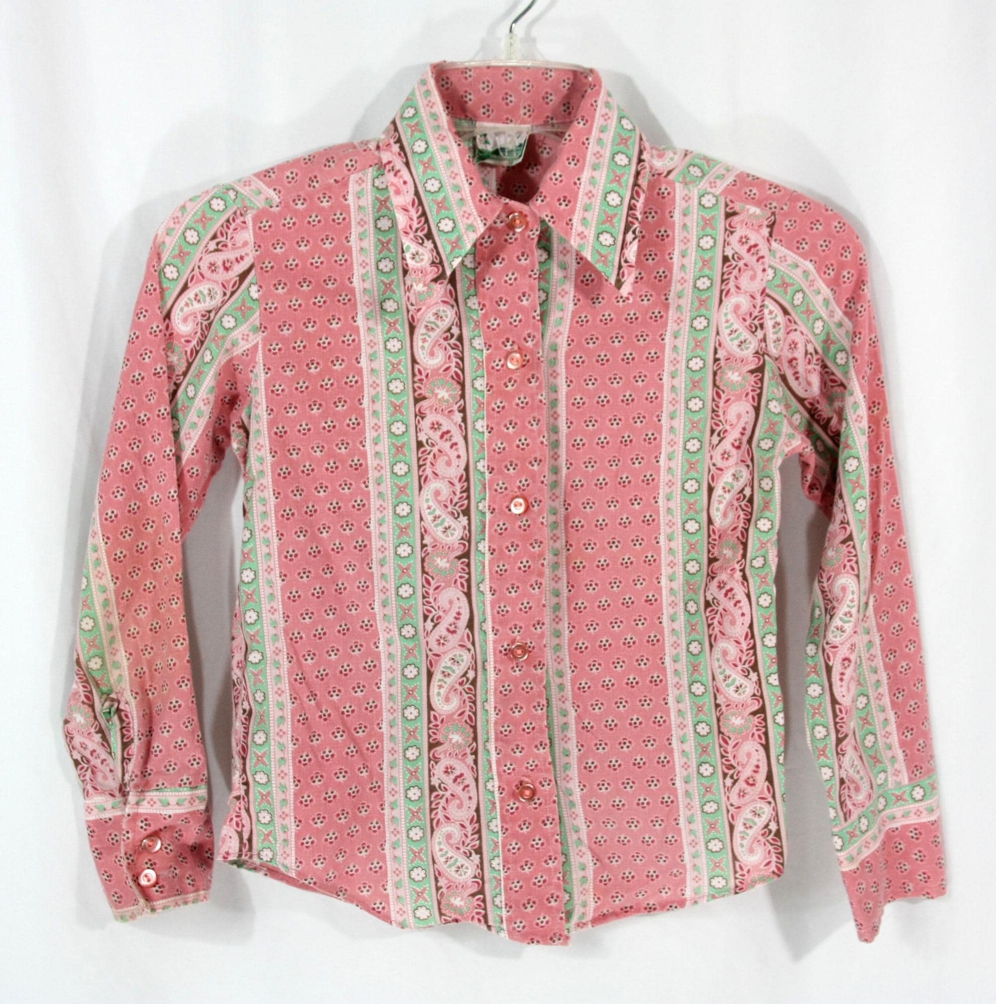 Vintage Girls Floral Stripes Striped Long Sleeve Button Shirt