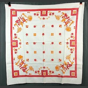 Vintage Floral Spanish Flamenco Dancers Country Cotton Linen Table Cloth Square 1950s 34&quot;