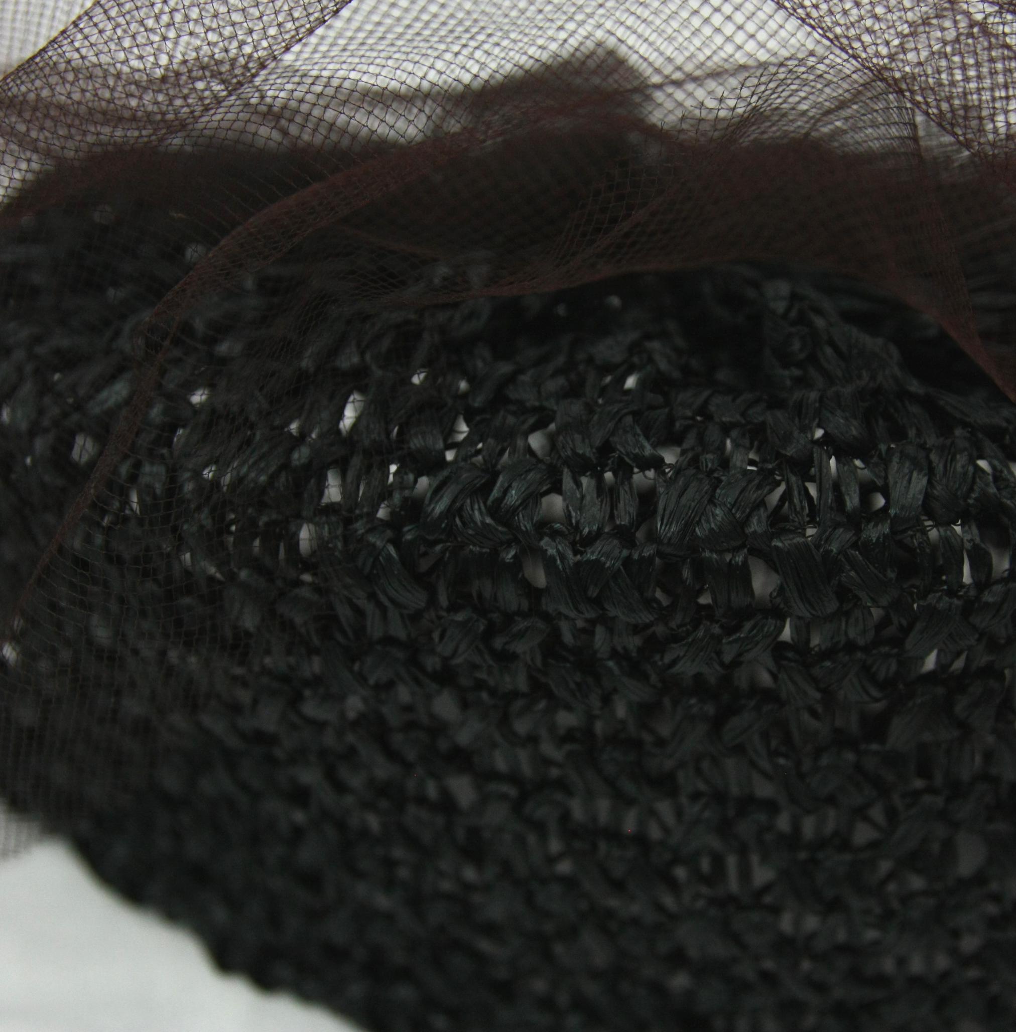 Vintage Union Made Woven Basket Weave Veil Pillbox Hat Black 