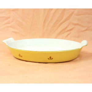 Vintage DRU Holland Cast Iron Enamelware Casserole Dish Oval Yellow Enameled 12&quot; Cookware